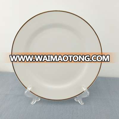 Linyi Wholesale Ceramic Porcelain White Classical Flat Dinner Plate with Gold Trim