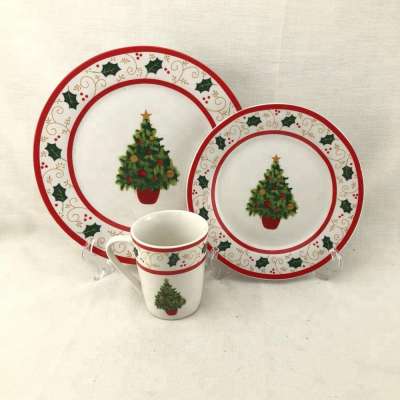 Wholesale christmas design colorful and white porcelain flat plate,christmas dessert plate,dinner plate