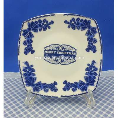 Wholesale christmas design blue and white porcelain square flat plate,christmas dessert plate,dinner plate